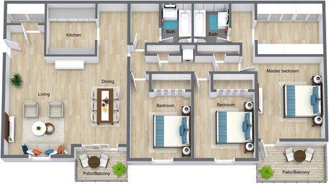 Floor plan for 3 beds, 2 baths, 1538 sqft